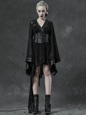 Black Gothic Transparant Jacquard Asymmetrical Kimono for Women