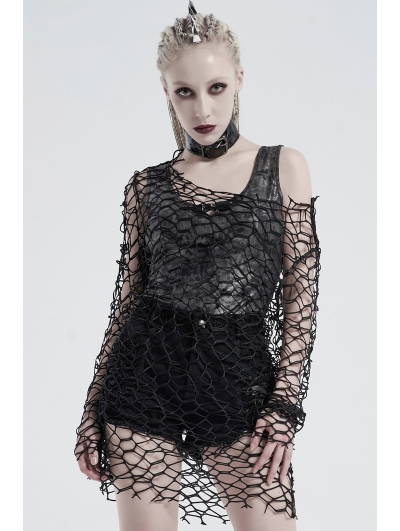 Black Gothic Punk Daily Wear Big Mesh T-Shirt for Women