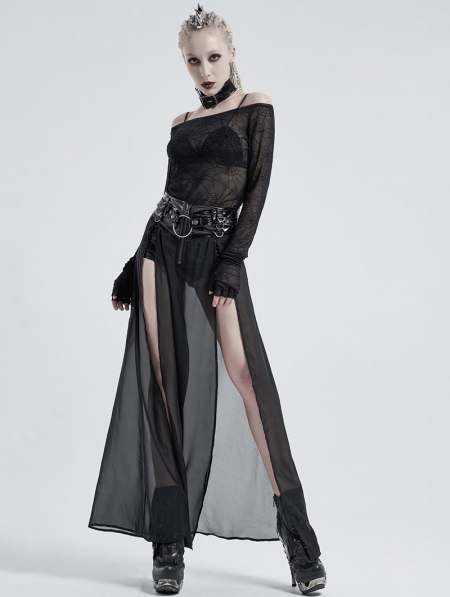 Black Gothic Off-the-Shoulder Transparant Cobweb Long Sleeve T-Shirt ...