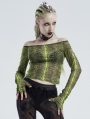 Green Gothic Grunge Off-the-Shoulder Transparant Long Sleeve T-Shirt for Women