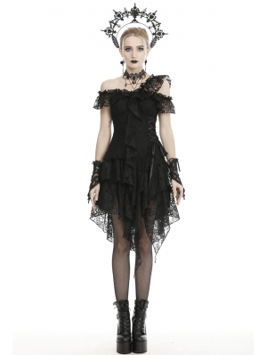 Black Gothic Off-the-Shoulder Lace Irregular Short Party Dress