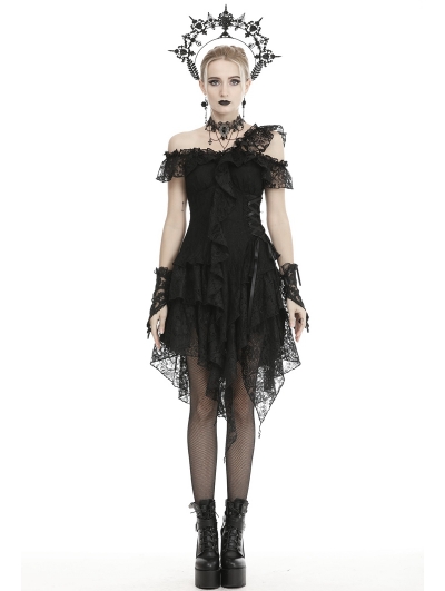 Black Gothic Off-the-Shoulder Lace Irregular Short Party Dress