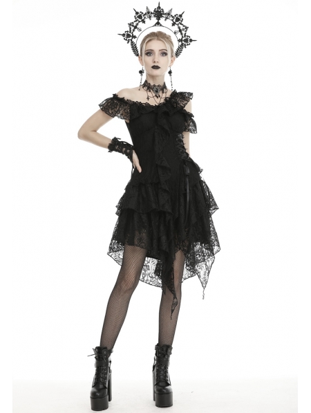 Black Gothic Off-the-Shoulder Lace Irregular Short Party Dress ...