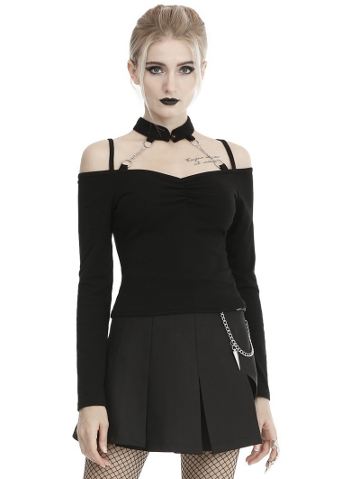 Black Gothic Punk Off-the-Shoulder Long Sleeve Casual T-Shirt for Women