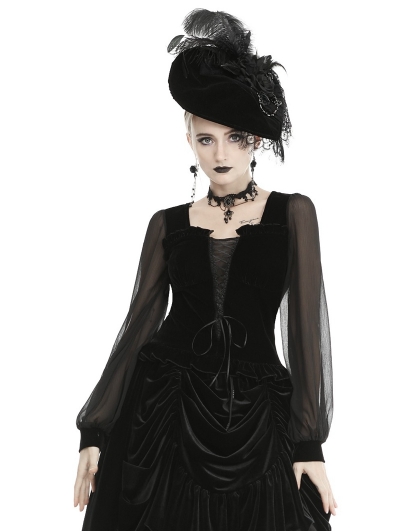 Black Vintage Gothic Velvet Long Sleeve Daily Wear Shirt for Women