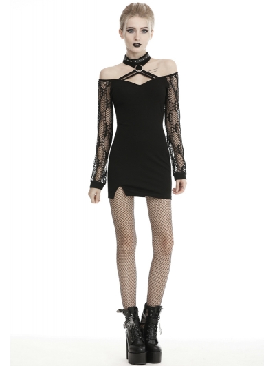 Black Sexy Gothic Grunge Punk Off-the-Shoulder Long Sleeve Mini Dress