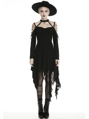 Black Gothic Grunge Off-the-Shoulder Irregular Long Sleeve Daily Wear Dress 