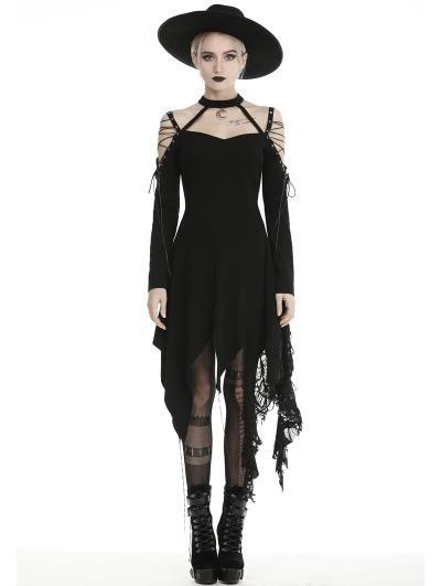 Black Gothic Grunge Off-the-Shoulder Irregular Long Sleeve Daily Wear Dress 