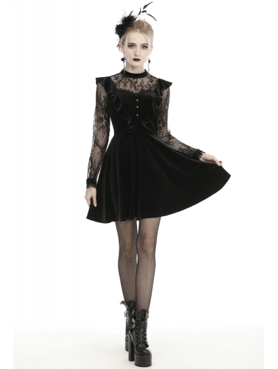 Black Cute Gothic Lace Velvet Long Sleeve Short Casual Dress