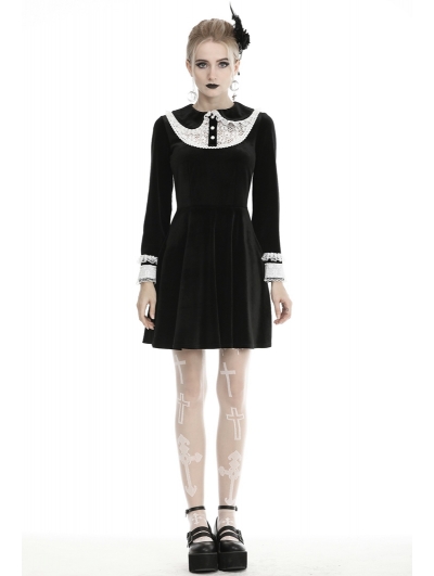 Black and White Cute Gothic Velvet Long Sleeve Short Casual Dress