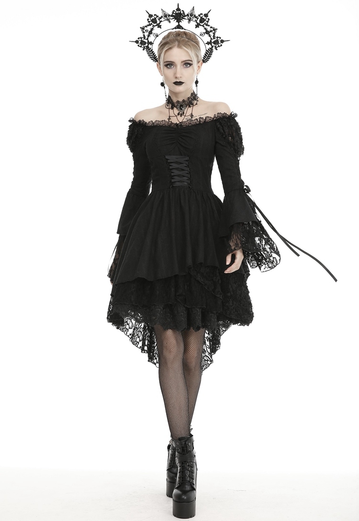 Black Gothic Decadent Off-the-Shoulder Long Sleeve Cocktail Party Dress