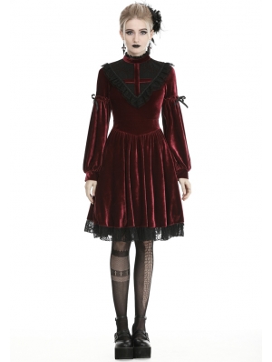 Dark Red Gothic Velvet Cross Long Lantern Sleeve Midi Dress