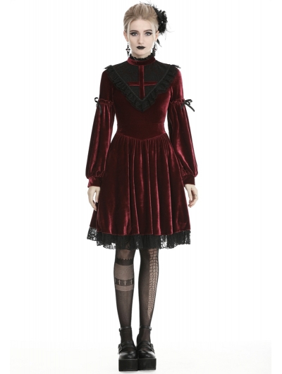 Dark Red Gothic Velvet Cross Long Lantern Sleeve Midi Dress