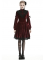 Dark Red Gothic Velvet Cross Long Lantern Sleeve Midi Dress