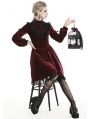 Dark Red Gothic Velvet Cross Long Lantern Sleeve Midi Dress