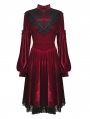 Dark Red Gothic Velvet Cross Long Lantern Sleeve Midi Dress