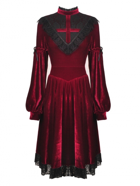 Dark Red Gothic Velvet Cross Long Lantern Sleeve Midi Dress ...