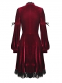 Dark Red Gothic Velvet Cross Long Lantern Sleeve Midi Dress