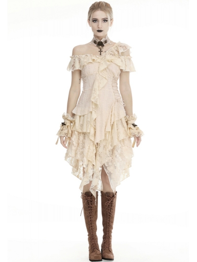 Ivory Steampunk Gothic Asymmetric Frilly Lace Dress