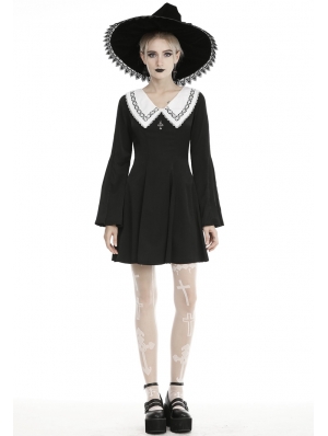 Black and White Cute Gothic Grunge Long Sleeve Short Daily Wear Dress 