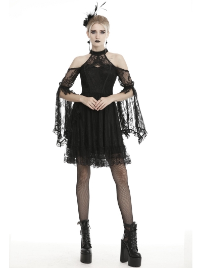 Black Gothic Off-the-Shoulder Lace Long Sleeve Short Party Dress