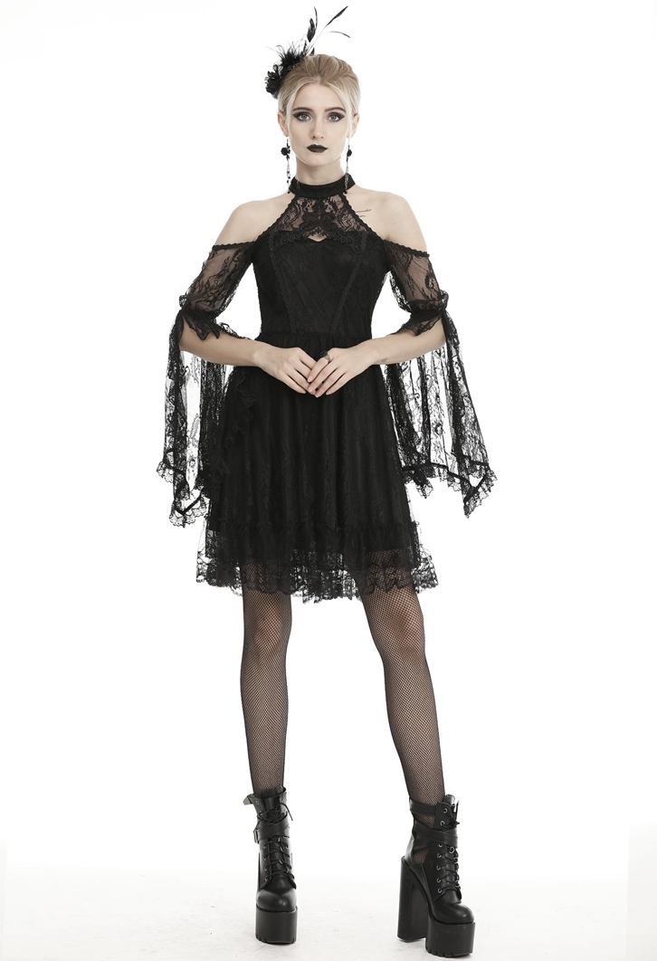 Black Gothic Off-the-Shoulder Lace Long Sleeve Short Party Dress