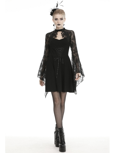 Black Gothic Elegant Lace Long Trumpet Sleeve Short Dress