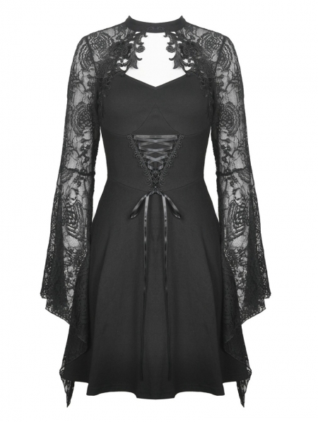 Black Gothic Elegant Lace Long Trumpet Sleeve Short Dress - Devilnight ...