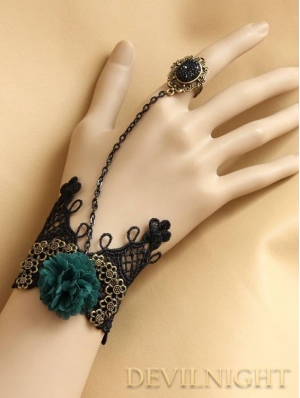 Black Lace Green Flower Pendant Gothic Bracelet Ring Jewelry
