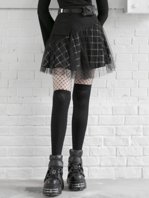 Black and White Street Fashion Grunge Gothic Plaid Gauze Mini Skirt