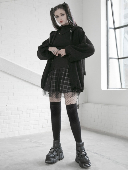 Black and White Street Fashion Grunge Gothic Plaid Gauze Mini Skirt ...