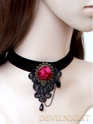 Black Lace Red Flower Gothic Necklace