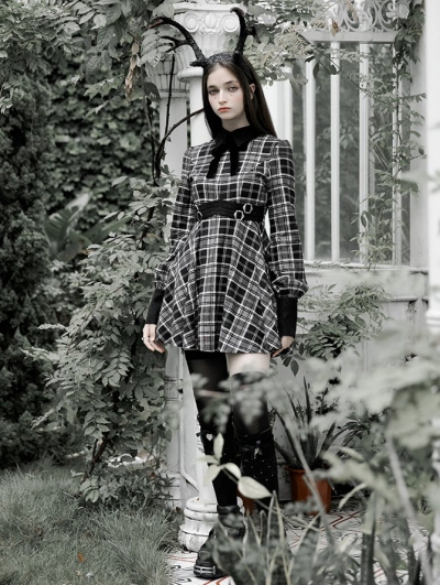 Black and White Plaid Street Fashion Grunge Gothic long sleeve daily wear short Dress