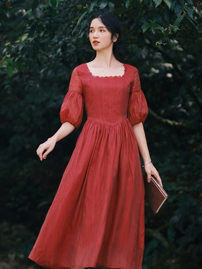 Red Vintage Short Puff Sleeve Medieval Inspried Long Casual Dress