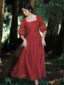 Red Vintage Short Puff Sleeve Medieval Inspried Long Casual Dress