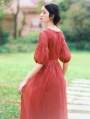 Red Vintage Short Puff Sleeve Medieval Inspried Long Casual Dress