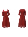 Red Vintage Short Puff Sleeve Medieval Inspried Long Casual Dress