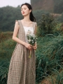 Vintage Plaid Floral Sleeveless Medieval Inspried Long Dress 
