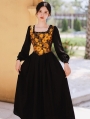 Black Vintage Jacquard Flower Lantern Sleeve Medieval Inspried Long Dress