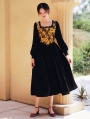 Black Vintage Jacquard Flower Lantern Sleeve Medieval Inspried Long Dress