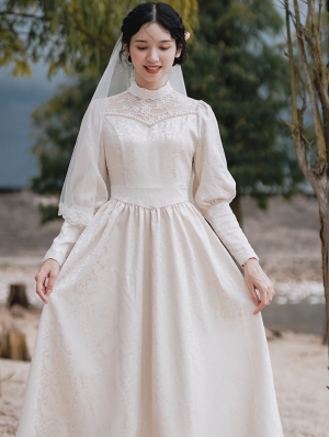 White Elegant Vintage Jacquard Long Sleeve Medieval Inspried Long Dress