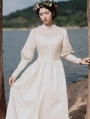 White Elegant Vintage Jacquard Long Sleeve Medieval Inspried Long Dress