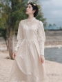 White Elegant Vintage Jacquard Long Sleeve Medieval Inspried Long Dress