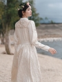 White Elegant Vintage Jacquard Long Sleeve Medieval Inspried Long Dress