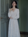 White Vintage Jacquard V-Neck Long Sleeve Medieval Inspried Long Dress