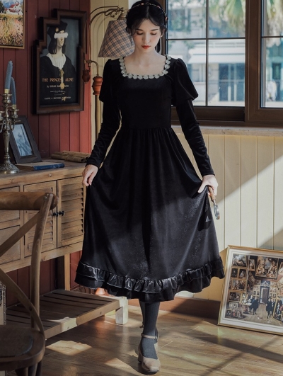 Black Velvet Vintage Princess Style Medieval Inspried Long Casual Dress
