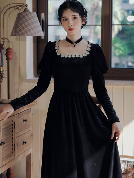Black Velvet Vintage Princess Style Medieval Inspried Long Casual Dress -  Devilnight.co.uk