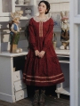 Red Vintage Doll Collar Floral Medieval Inspried Long Dress