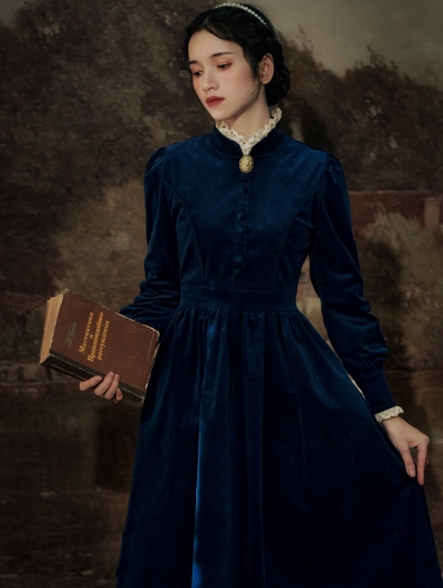 Blue Vintage Velvet Long Sleeve Medieval Inspried Long Dress