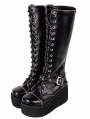 Black Gothic Grunge Punk PU Leather Zip and Lace-up Platform Knee Boots for Women